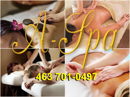Picture of Collage of massage types we perform. Hot Stone Massage, Relaxation Massage, Couples Massage, at A-Spa in Indianapolis Indiana USA Call 463-701-0497