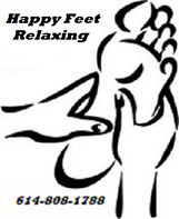 Picture of drawing of foot being massaged with two hands. Happy Feet Relaxing, massage spa Columbus Ohio  614-808-1788
